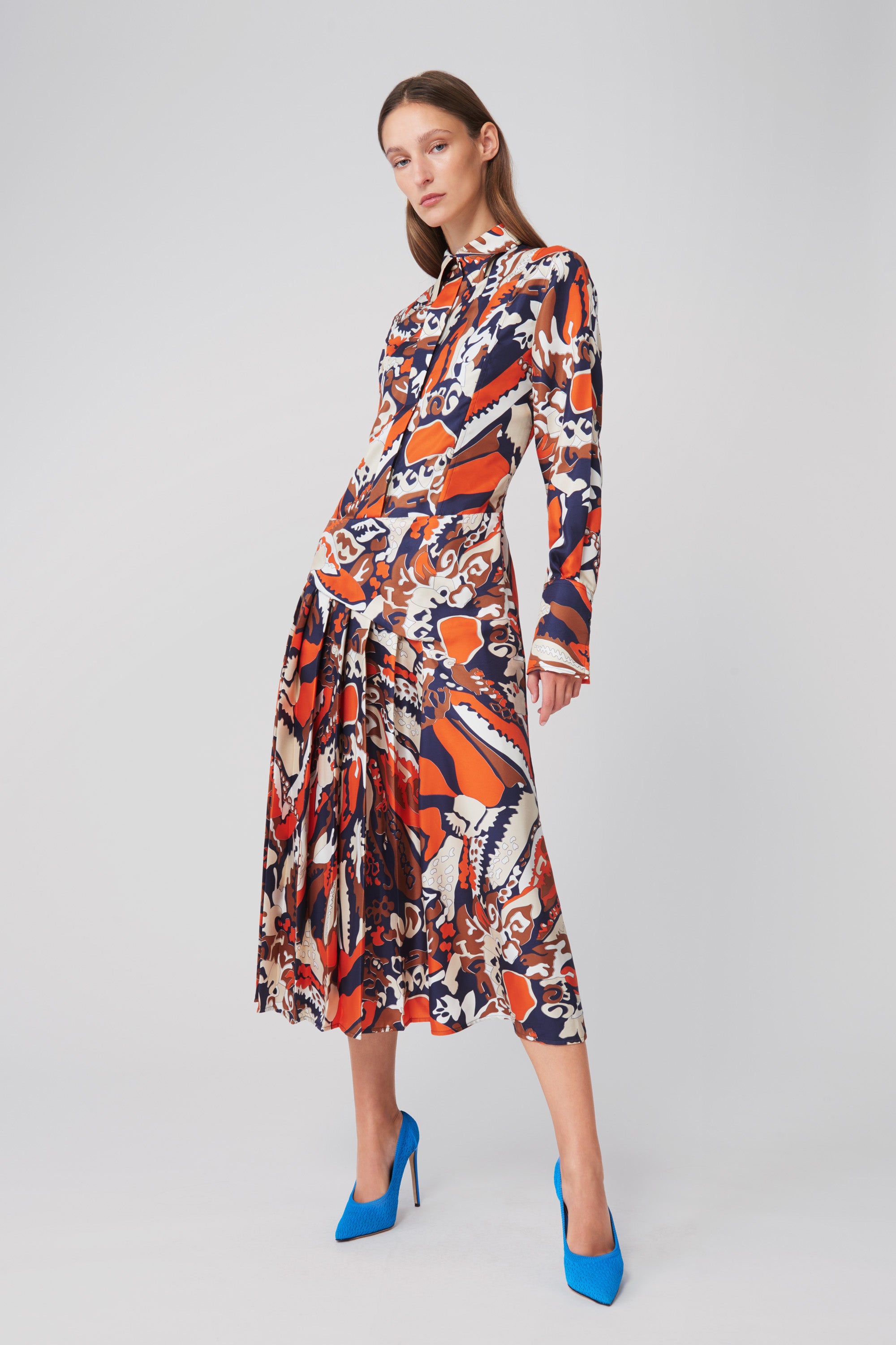 Pleated Shirt Dress in Abstract Scarf ...